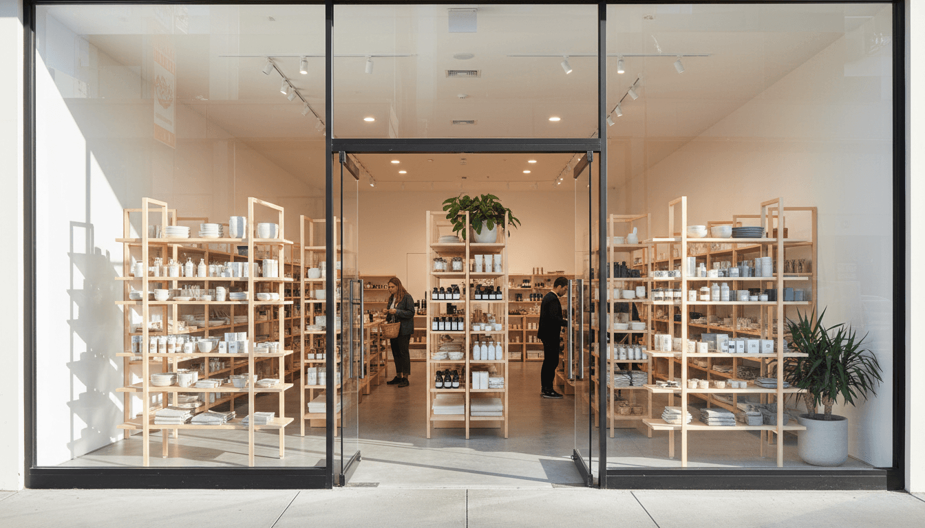 Modern retail storefront with wide windows, organized shelving, and customers shopping for everyday essentials